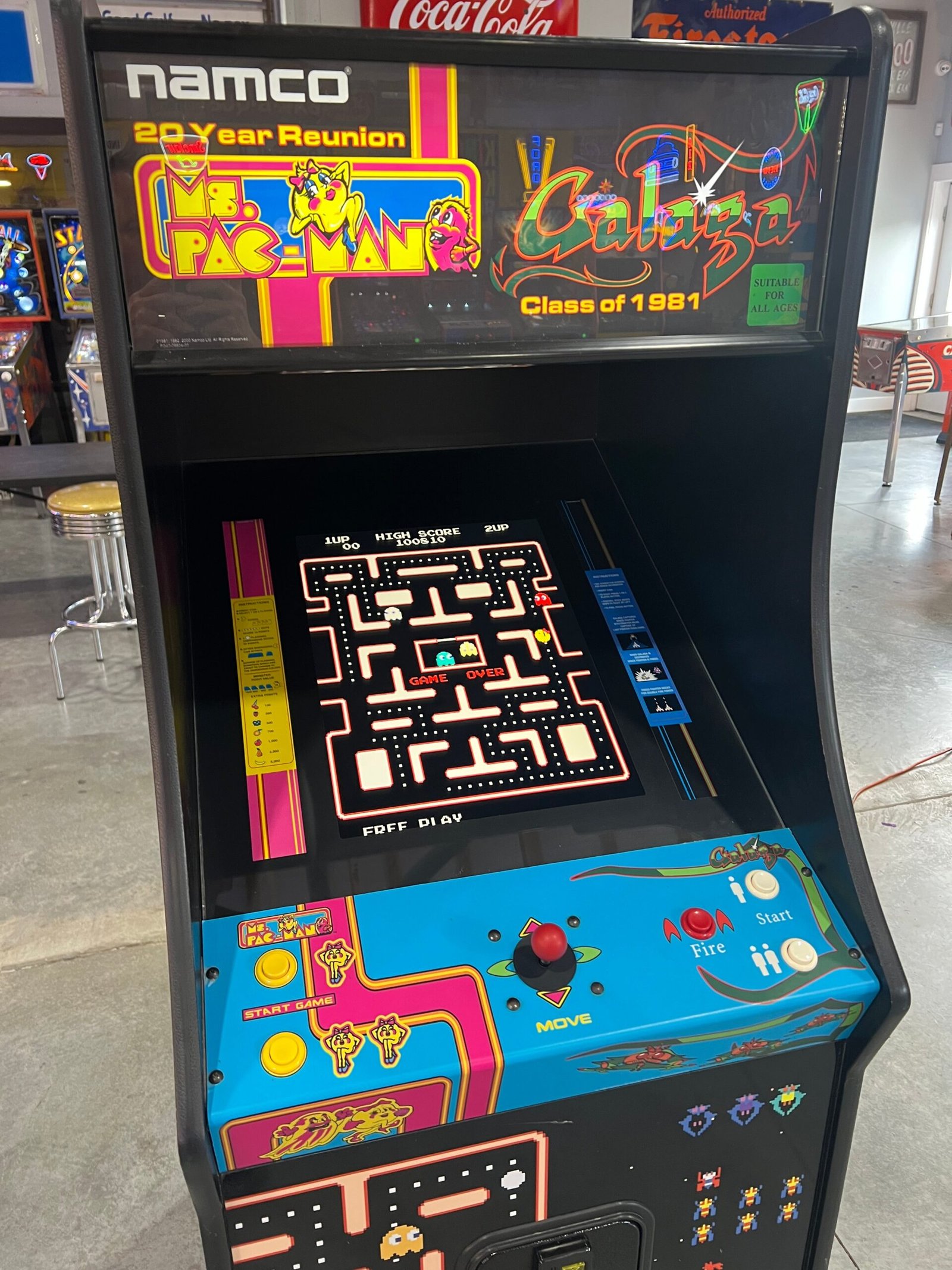 Ms Pac-Man Galaga Reunion Arcade Class of 1981 Game (also plays PAC-MAN) - Original VERY NICE Cabinet - Works 100% Flat Screen BEAUTIFUL GAME!!!