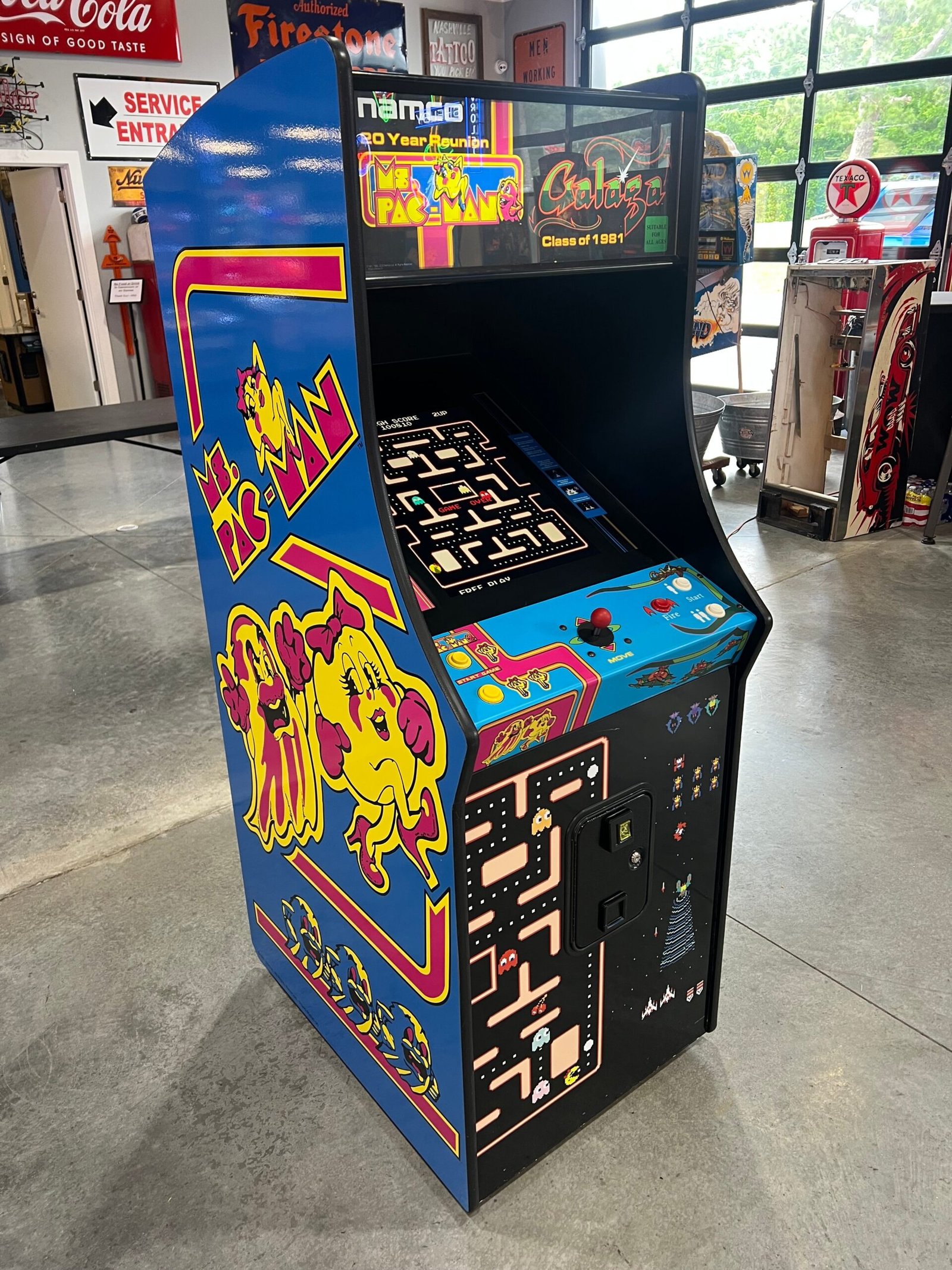 Ms Pac-Man Galaga Reunion Arcade Class of 1981 Game (also plays PAC-MAN) - Original VERY NICE Cabinet - Works 100% Flat Screen BEAUTIFUL GAME!!!