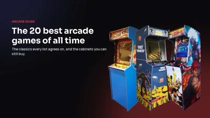 Donkey Kong, Space Invaders and Street Fighter II arcade cabinets with the title The 20 best arcade games of all time