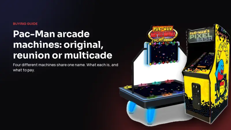 Pac-Man arcade cabinet on a dark background with the title Pac-Man arcade machines: original, reunion or multicade