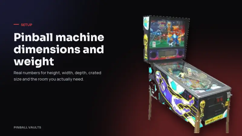 Pinball machine on a dark background with the title Pinball machine dimensions and weight