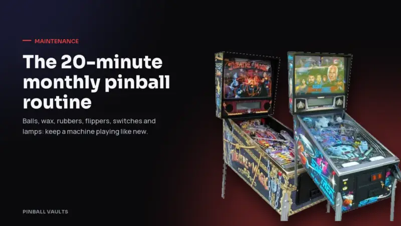 Two pinball machines on a dark background with the title The 20-minute monthly pinball routine